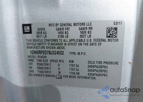 2011 Chevrolet Traverse Ls from USA, damaged, VIN 1GNKRFED7BJ324502